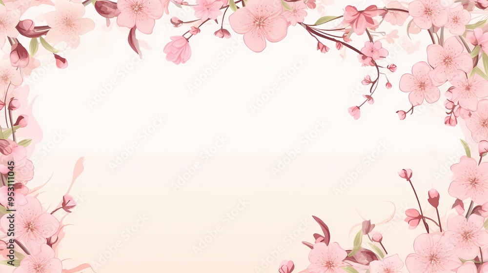 Elegant cherry blossom frame with soft pink flowers creating a serene, delicate border.