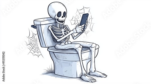 Cartoon ghost bone sitting on the toilet using the phone until spider webs cling to it