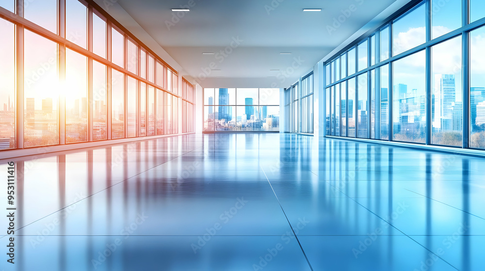 Stunning View of City Skyline Through Large Windows in Modern Office Building Stunning View of City Skyline Through Large Windows in Modern Office Building