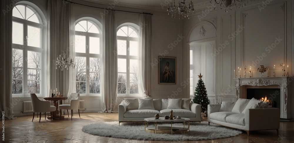 Fototapeta premium Modern white classical style interior design apartment, large window. Christmas eve