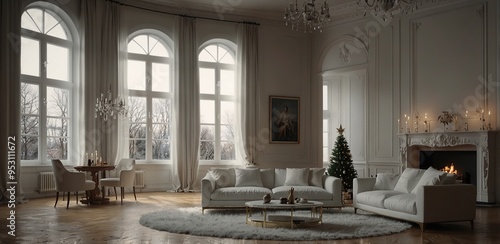 Modern white classical style interior design apartment, large window. Christmas eve