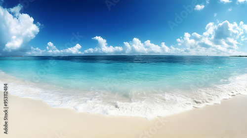 Beautiful Beach Scene with White Sand, Blue Water, and Sky