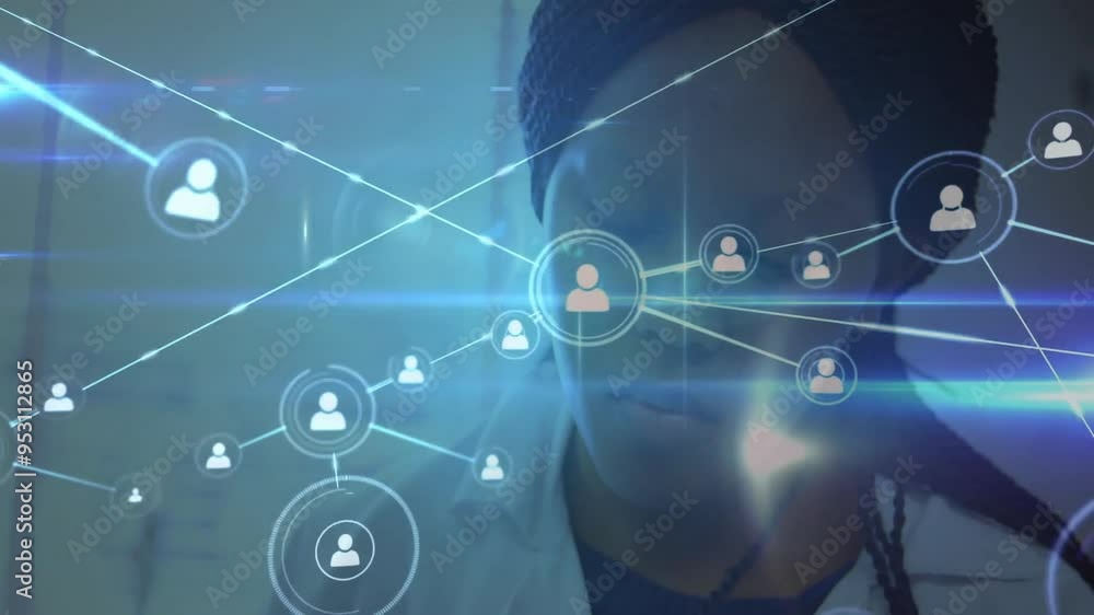 Network of connections and social media icons animation over person in background Network of connections and social media icons animation over person in background