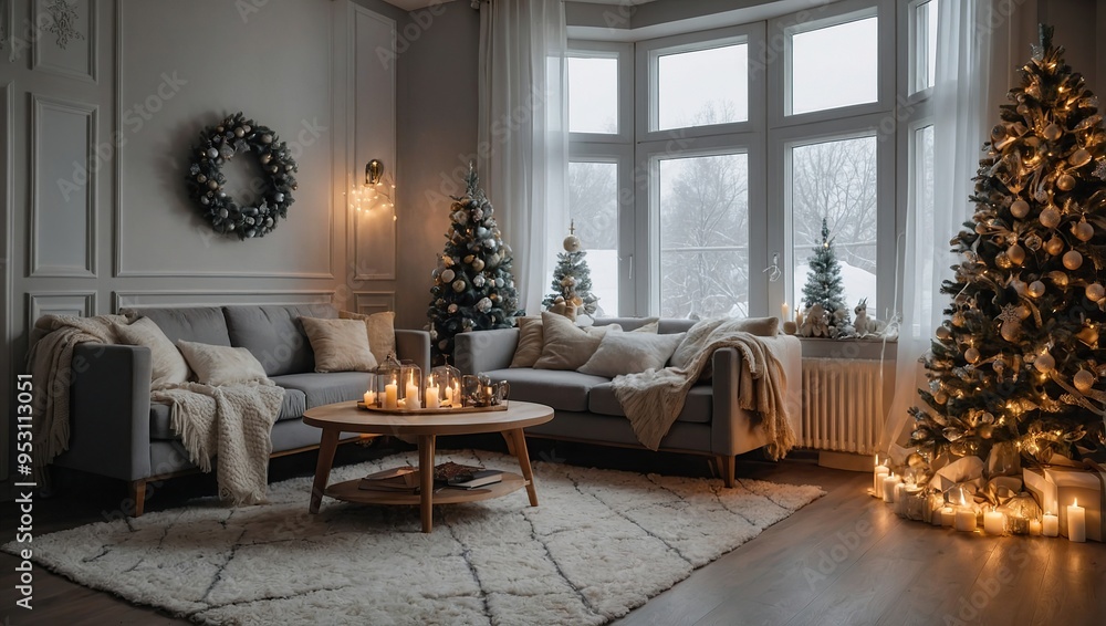 Obraz premium New year cozy home interior with christmas tree and garlands 