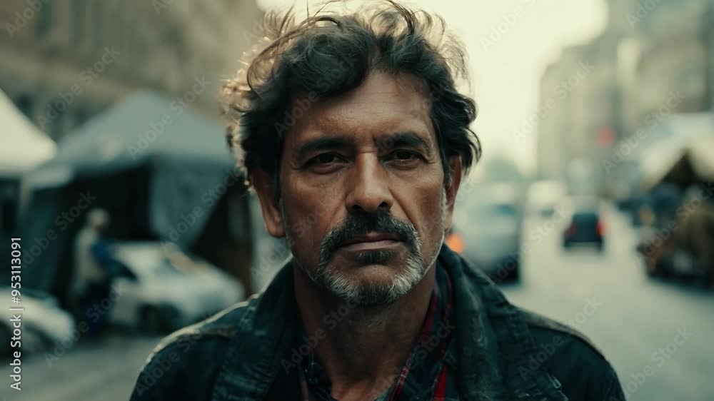 Close up of a middle aged hispanic man with a mustache and goatee standing on a busy city street. He has a neutral expression on his face Close up of a middle aged hispanic man with a mustache and goatee standing on a busy city street. He has a neutral expression on his face