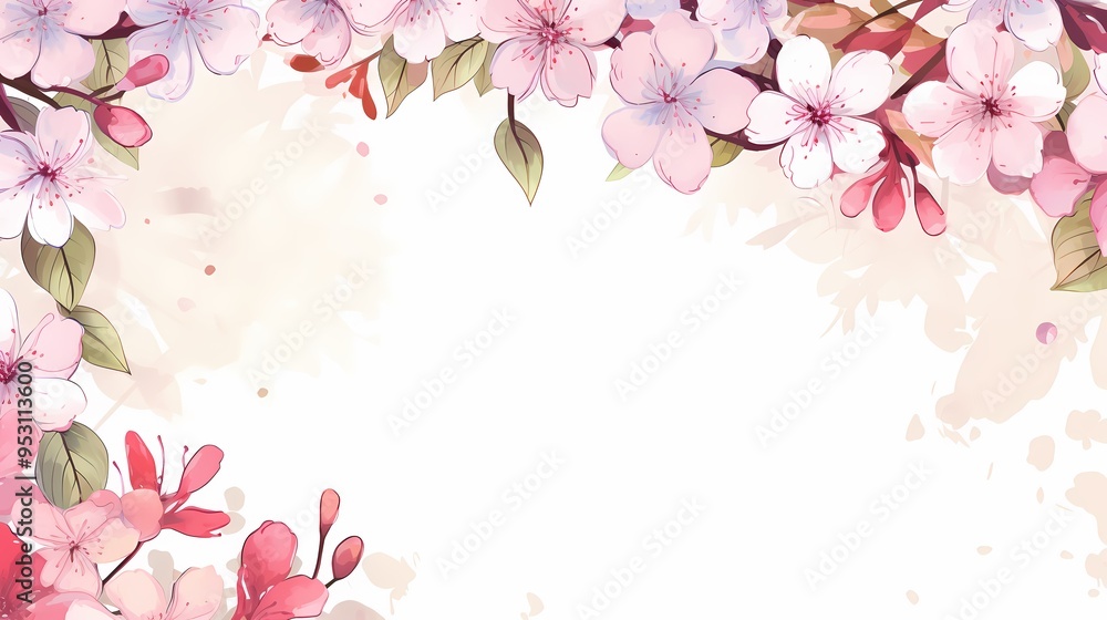 Fototapeta premium Elegant cherry blossom frame with soft pink flowers creating a serene, delicate border.