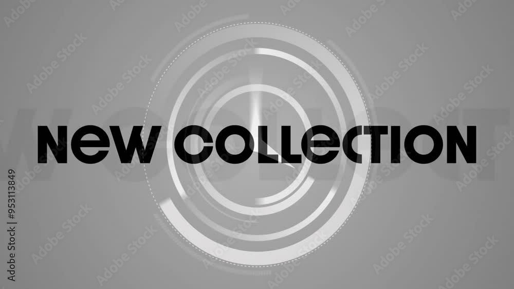New collection text animation over circular geometric patterns on grey background New collection text animation over circular geometric patterns on grey background