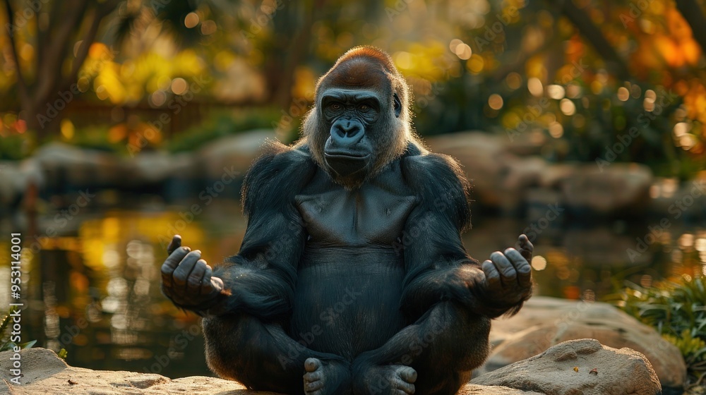 Playful Gorilla Strikes a Hilarious Yoga Pose in Jungle Habitat Playful Gorilla Strikes a Hilarious Yoga Pose in Jungle Habitat
