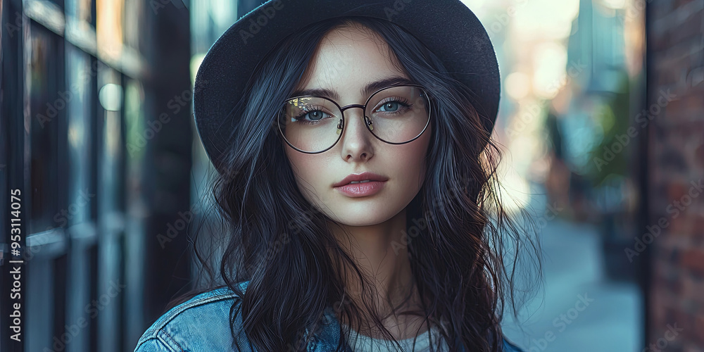 A girl with medium-length black hair, wearing glasses and a hat, generative AI A girl with medium-length black hair, wearing glasses and a hat, generative AI