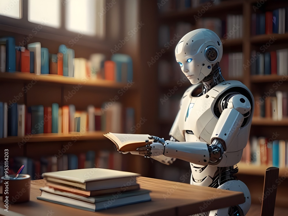 robot reading books in library robot reading books in library
