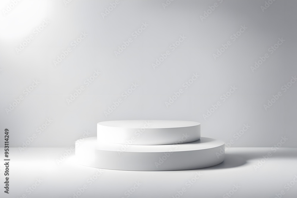 A sleek minimalist white podium with soft shadows and a light gradient background, AI Generated A sleek minimalist white podium with soft shadows and a light gradient background, AI Generated