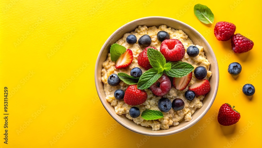 Fresh and healthy oatmeal with colorful fruits and mint leaves on a vibrant yellow background, including blueberries, apples, and raspberries Fresh and healthy oatmeal with colorful fruits and mint leaves on a vibrant yellow background, including blueberries, apples, and raspberries