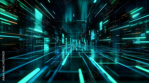 Wallpaper Mural Abstract Digital Tunnel with Glowing Neon Lights - Futuristic Cyberspace Background Animation Torontodigital.ca