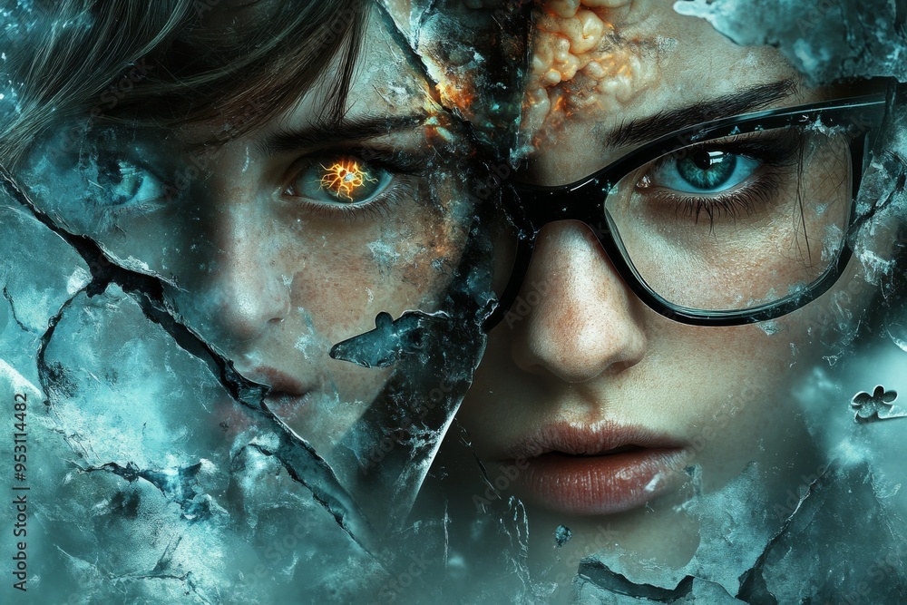 A close up of a woman with fractured glass and digital brain imagery symbolizing the fragmentation of thought digital disruption and mental resilience A close up of a woman with fractured glass and digital brain imagery symbolizing the fragmentation of thought digital disruption and mental resilience