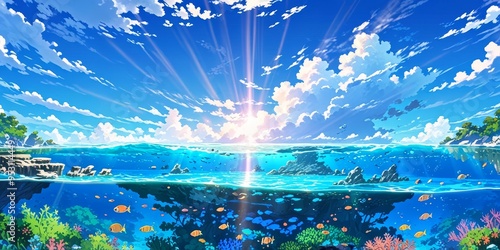 Enchanting anime-style illustration of a tropical paradise, featuring a crystal-clear ocean with colorful coral reefs, a lush green island, and a breathtaking sky filled with fluffy clouds.