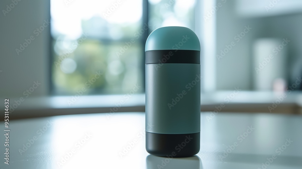 Modern Teal and Black Insulated Water Bottle on Countertop Modern Teal and Black Insulated Water Bottle on Countertop