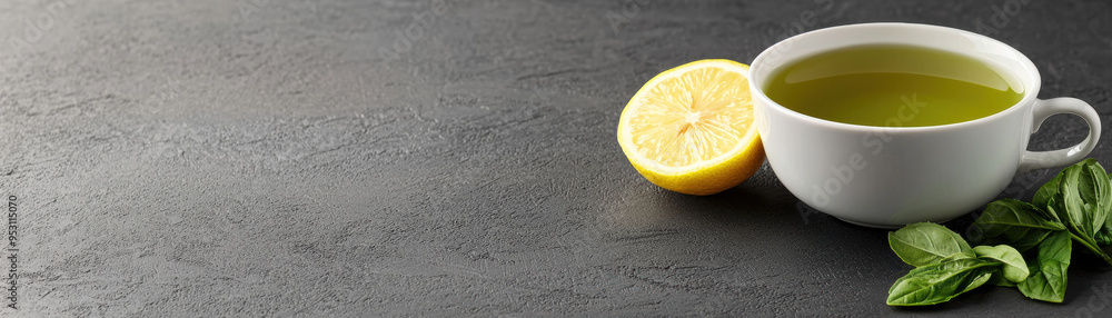 Cup of green tea with a lemon wedge on the side, rich in antioxidants, brainstimulating beverage Cup of green tea with a lemon wedge on the side, rich in antioxidants, brainstimulating beverage