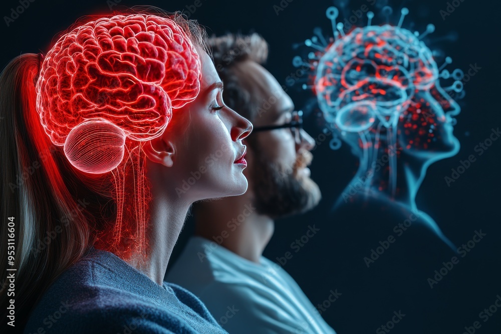 Digital art of a man and woman with brains illuminated by glowing circuitry symbolizing the fusion of human consciousness and technological advancements Digital art of a man and woman with brains illuminated by glowing circuitry symbolizing the fusion of human consciousness and technological advancements