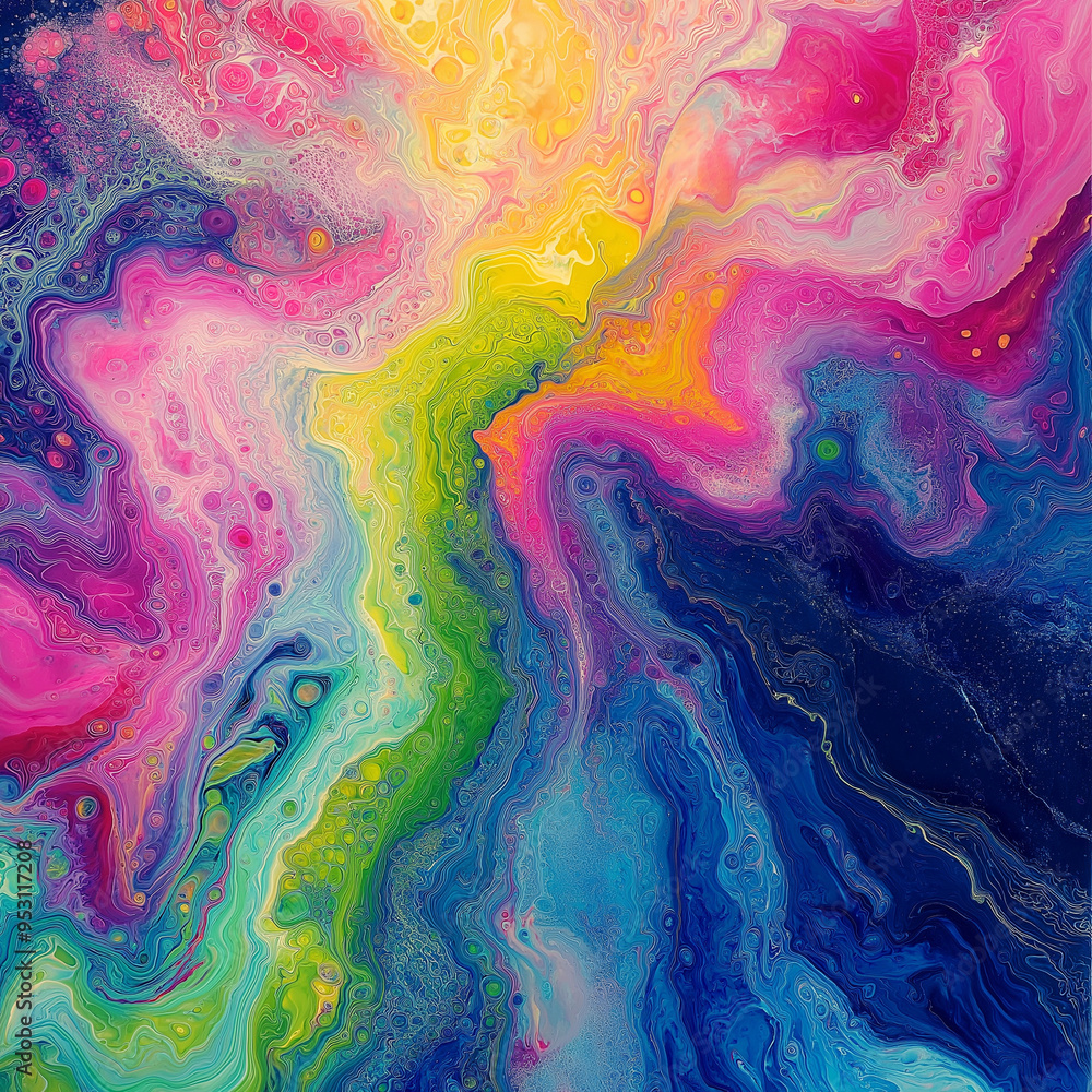 A colorful painting with a rainbow and a blue sky A colorful painting with a rainbow and a blue sky