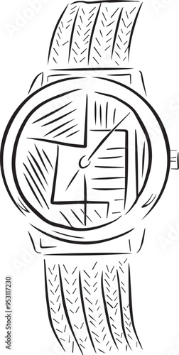 Vector illustration of a clock with hands, a wristwatch in line art style, black and white version. Minimalism, modern design, suitable for packaging, labels, stickers.