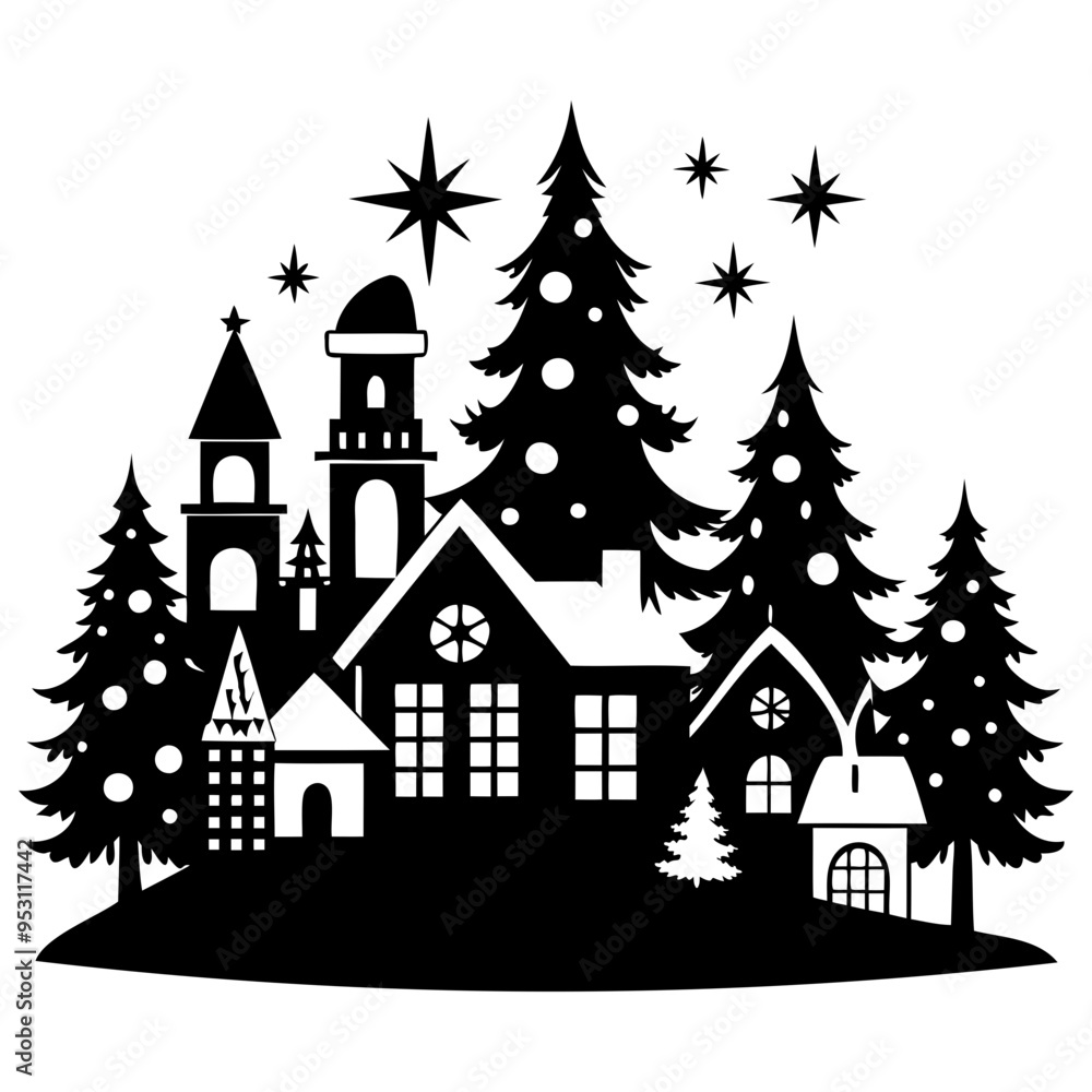 Christmas village Black silhouette Vector Illustration with white background Christmas village Black silhouette Vector Illustration with white background