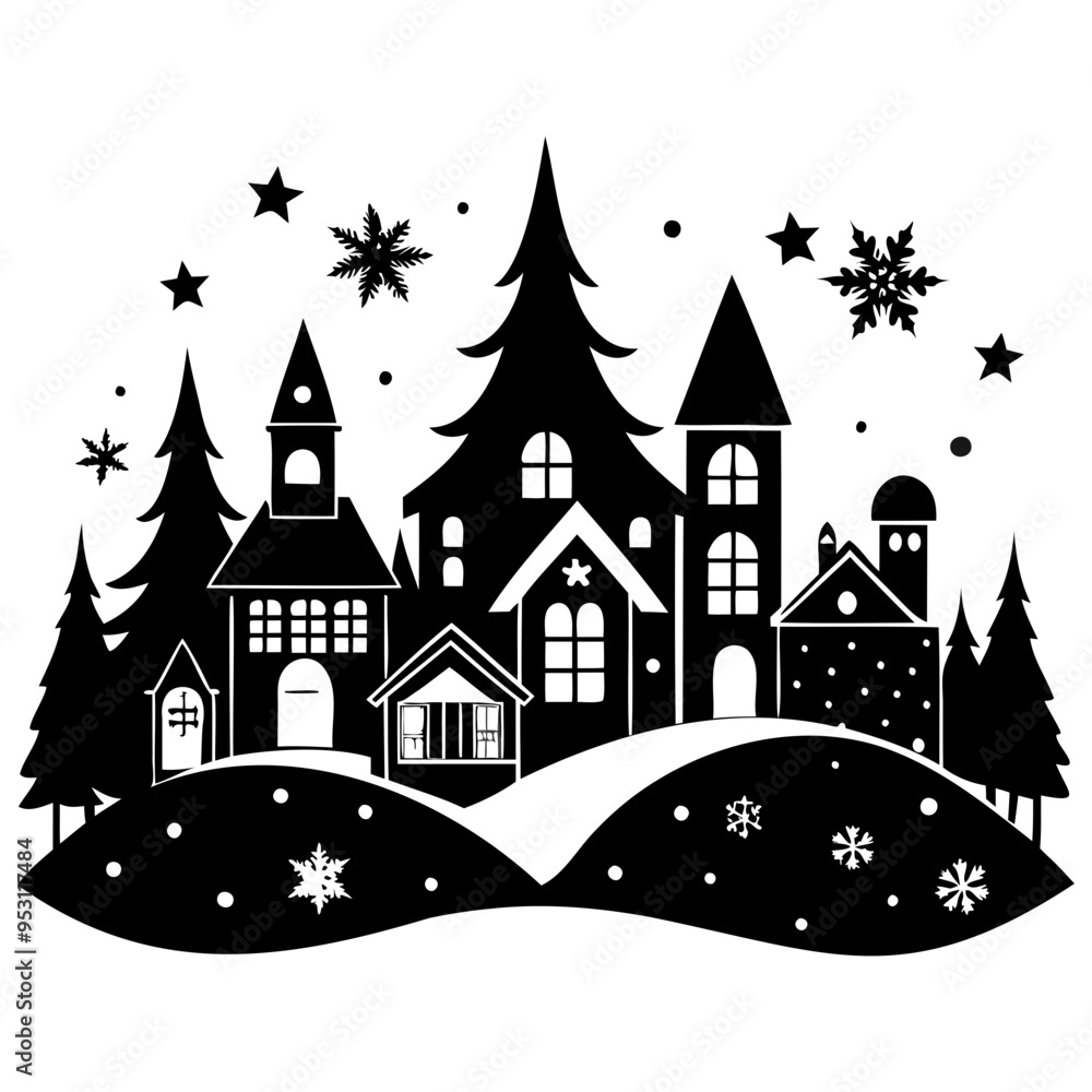 Fototapeta premium Christmas village Black silhouette Vector Illustration with white background