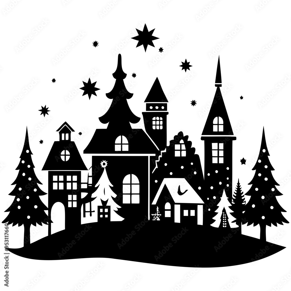 Fototapeta premium Christmas village Black silhouette Vector Illustration with white background