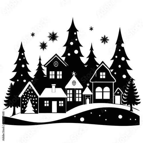Christmas village Black silhouette Vector Illustration with white background