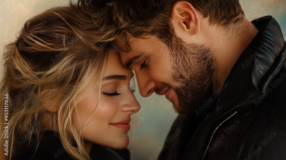 Tender close-up portrait of a couple with heads touching, expressing deep emotional connection and love. Tender close-up portrait of a couple with heads touching, expressing deep emotional connection and love.