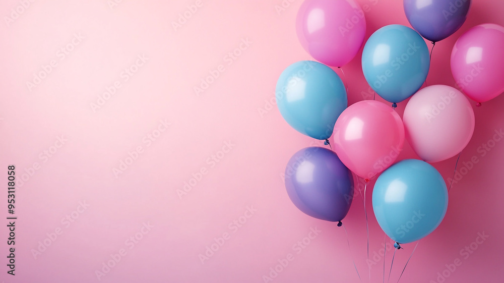 Colorful balloons in shades of blue, pink, and purple floating against a soft pink background for a festive celebration Colorful balloons in shades of blue, pink, and purple floating against a soft pink background for a festive celebration