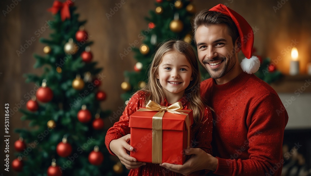portrait happy family with christmas outfit holding red gift box with a defocused christmas tree background portrait happy family with christmas outfit holding red gift box with a defocused christmas tree background
