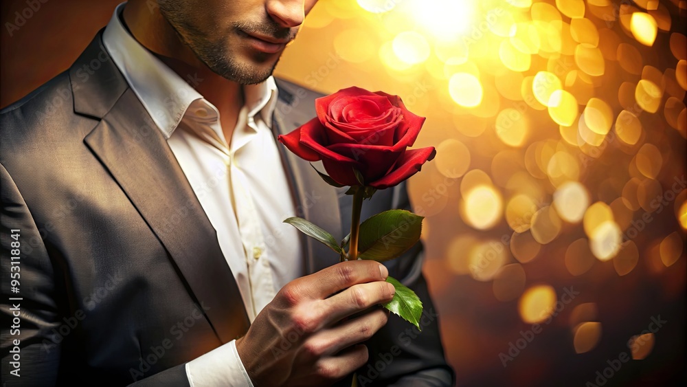 Romantic man holding red rose with warm golden lighting effect Romantic man holding red rose with warm golden lighting effect