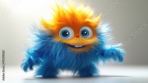 3D render of a colorful furry beast in an active walking pose, a hairy cartoon character isolated on a white background, dancing with blue and yellow fluffy toy.