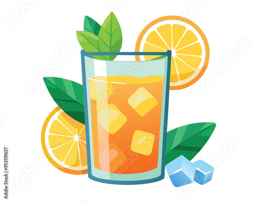 cocktail with lemon slices ice cubes and mint vector illustration 