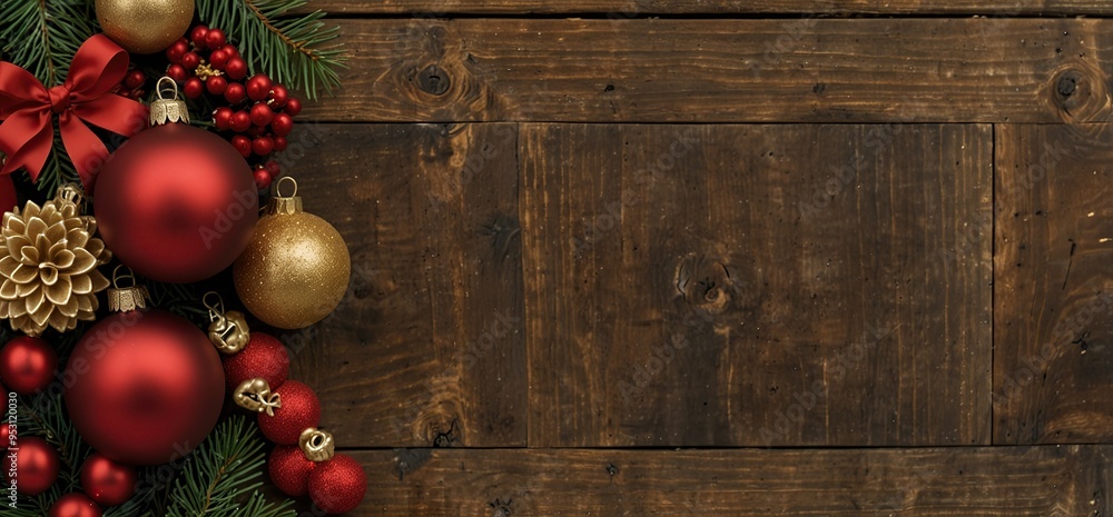 Red and gold Christmas ornament double corner border. Top view on a rustic wood background Red and gold Christmas ornament double corner border. Top view on a rustic wood background
