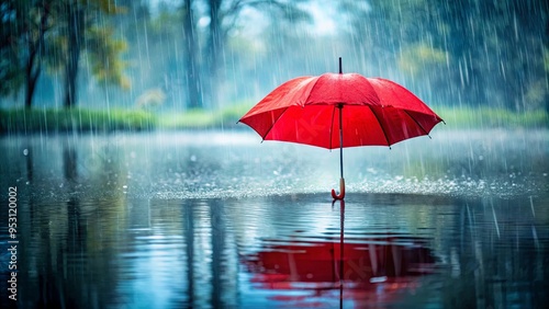 A red umbrella on a rainy day symbolizing shelter, hope, and resilience with a beautiful reflection in the water