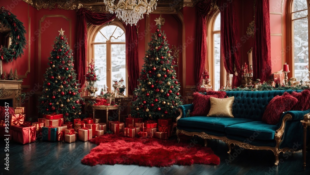 Fototapeta premium Red Christmas interior. Living room with blue walls, black sofa and gold and red Christmas decorations on Christmas tree