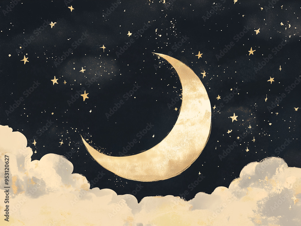 Naklejka premium Christmas fairy-tale black sky background with the crescent moon, glittering stars, and fluffy clouds in the sky, a cozy, dreamy, and playful atmosphere 