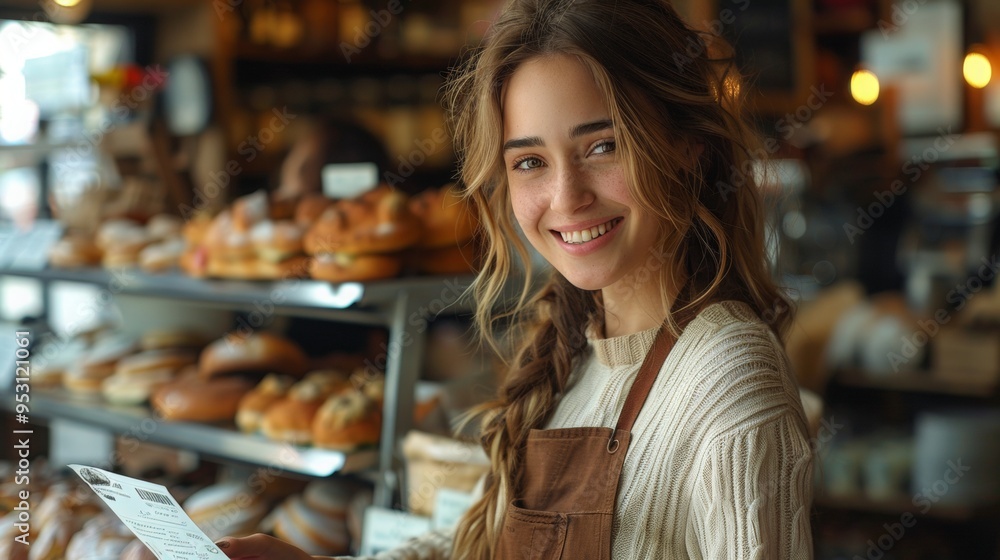 A smiling cashier handing over charge and a receipt to a satisfied customer in a local bakery A smiling cashier handing over charge and a receipt to a satisfied customer in a local bakery