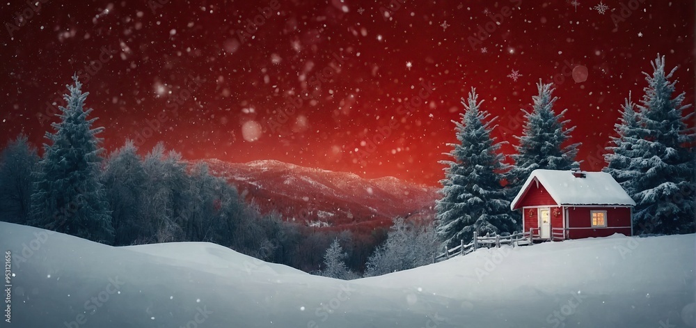 Red Xmas background with winter landscape with snowflakes, light, stars. Merry Christmas card Red Xmas background with winter landscape with snowflakes, light, stars. Merry Christmas card