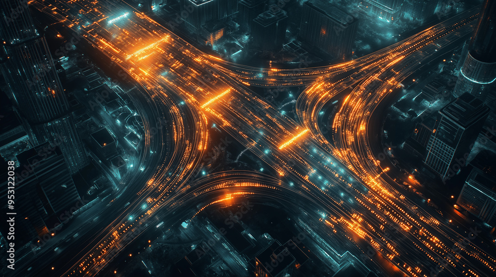A city street with a large intersection with orange lights A city street with a large intersection with orange lights