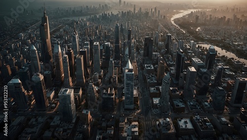 City aerial shot showing high-rise buildings and river photo