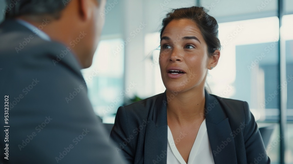 Confident businesswoman in her thirties discussing with a male colleague during an office meeting. Collaboration, communication, and professional business concepts. Confident businesswoman in her thirties discussing with a male colleague during an office meeting. Collaboration, communication, and professional business concepts.