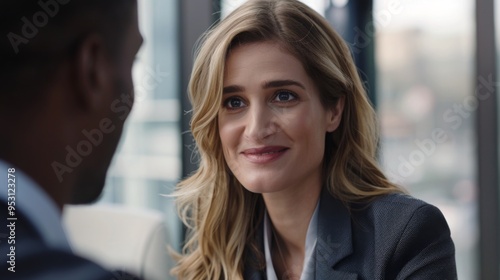 Wallpaper Mural Confident businesswoman in her thirties discussing with a male colleague during an office meeting. Collaboration, communication, and professional business concepts. Torontodigital.ca