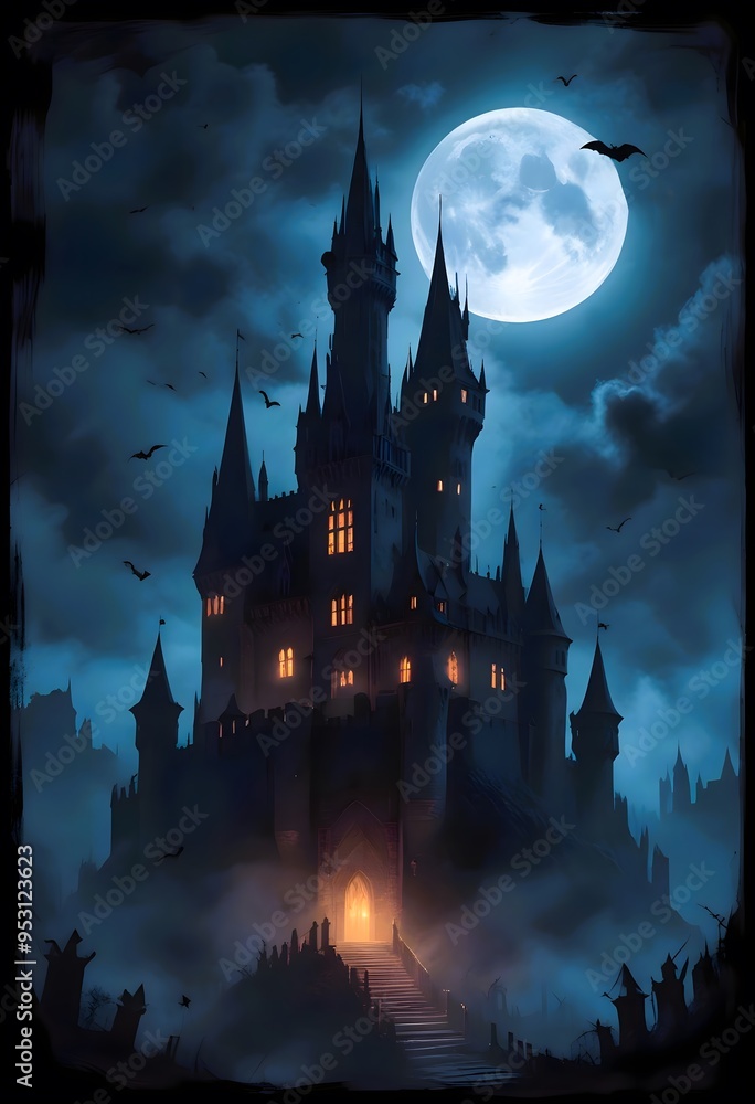 A castle against a night sky & large full moon, Bats, clouds,Happy Halloween trick or treat, poster A castle against a night sky & large full moon, Bats, clouds,Happy Halloween trick or treat, poster