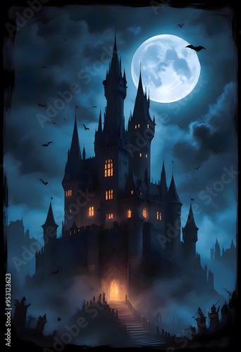 A castle against a night sky & large full moon, Bats, clouds,Happy Halloween trick or treat, poster