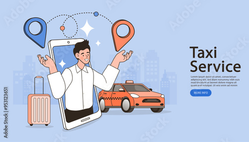 Ride-hailing app for travelers. A happy man with a suitcase comes out of a smartphone to book a taxi. Concept for online booking, airport transfers, and tourism transportation. Vector illustration.