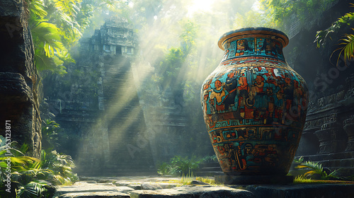 A hyper-realistic depiction of a rare, Mayan polychrome vase