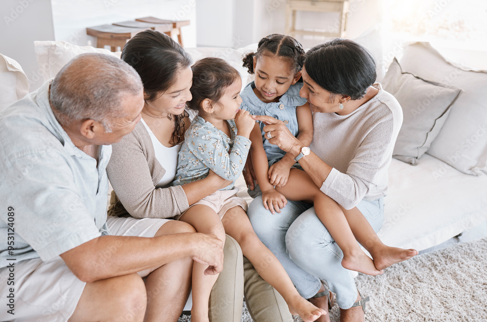 Mother, home and grandparents with kids on sofa, bonding together and happiness in lounge. Apartment, generations and big family on couch, smile and love with break, playful and laughing with care Mother, home and grandparents with kids on sofa, bonding together and happiness in lounge. Apartment, generations and big family on couch, smile and love with break, playful and laughing with care