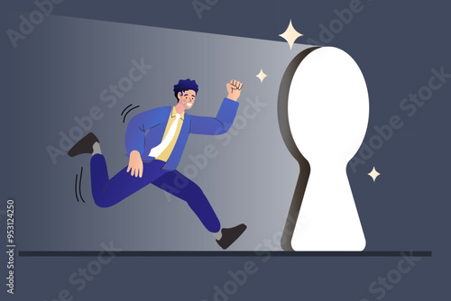 Businessman walking through bright doorway keyhole. Secret of success, bright future of business opportunity. new challenge or freedom concept. man walking into a keyhole shaped door with light.